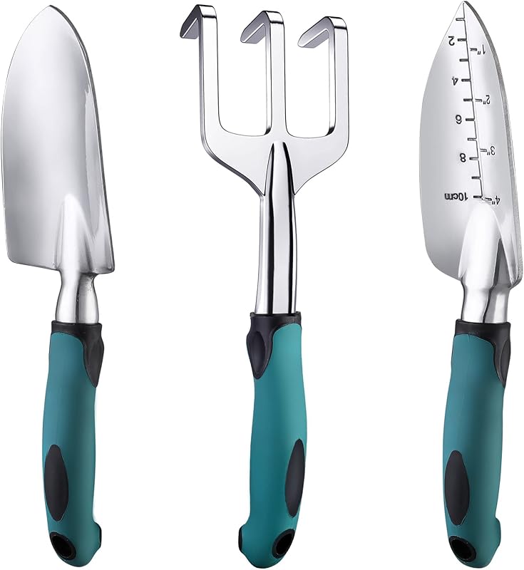FANHAO Juego de herramientas de jardín, 3 piezas de herramientas de jardinería resistentes de aluminio fundido con mango antideslizante de goma suave, herramientas manuales de jardín duraderas, regalos de jardín para hombres y mujeres