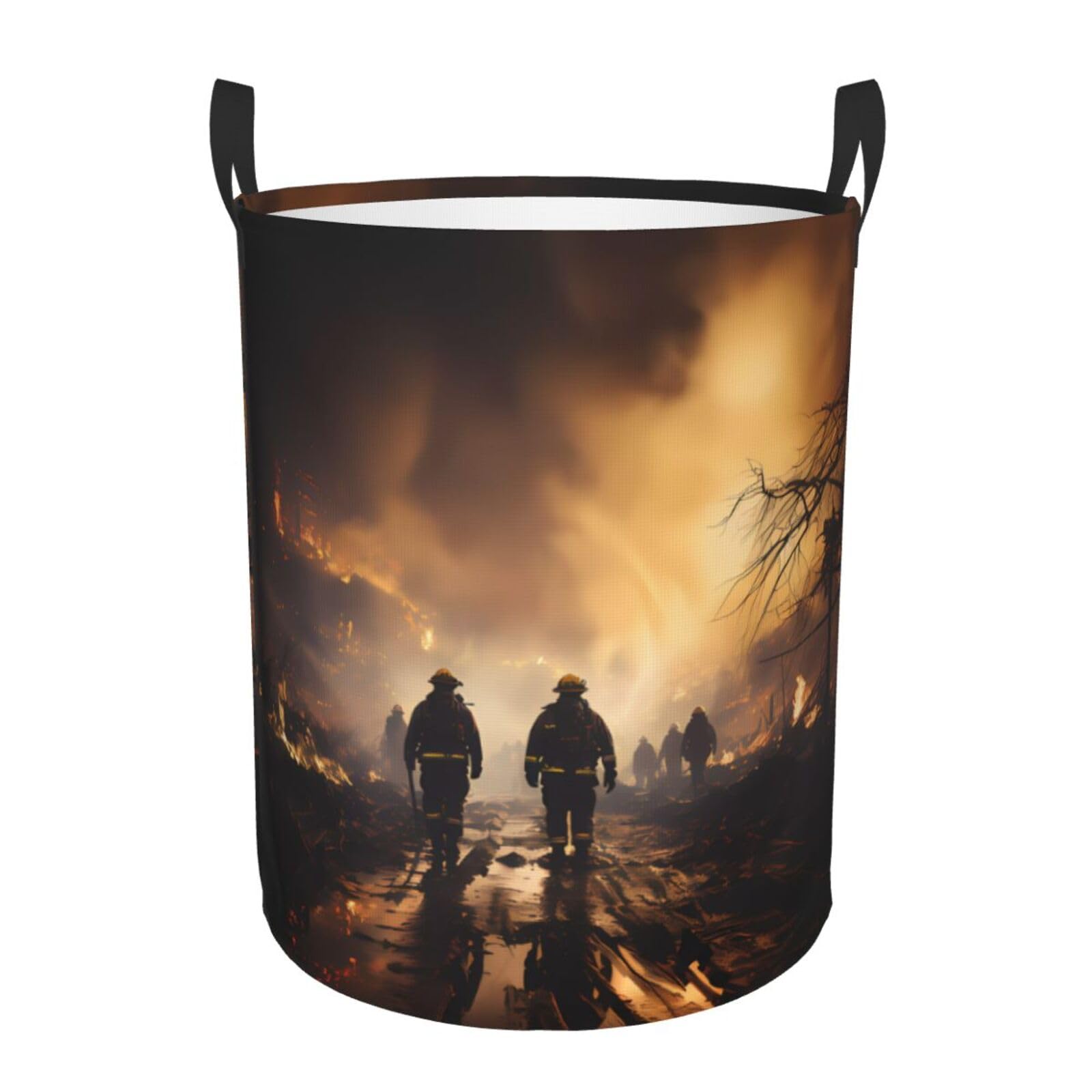 M Collapsible Firefighters fighting fires Print Circular Hamper Round