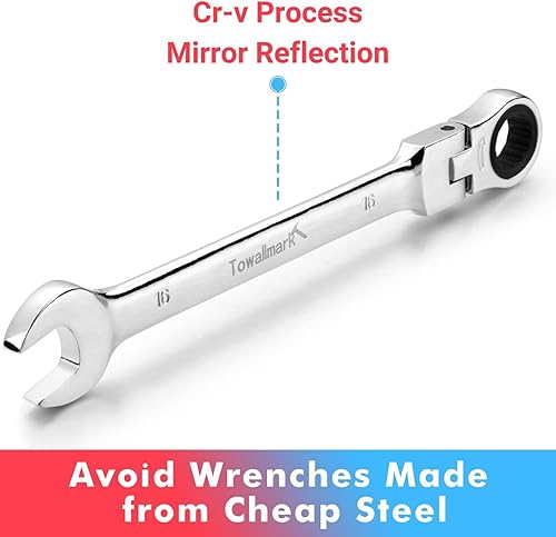 Miniatura 3 de Towallmark Juego de llaves de trinquete, 14 piezas, juego de llaves métricas de cabeza flexible, combinación, SAE 516 "-1116" y métricas 0.315-0.630