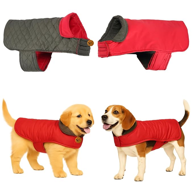 Sage Square Double-Sided Quilted Dog Jacket – Weather-Resistant, Lightweight, Waterproof, Designed for Comfort & Warmth, Adjustable Fit, Perfect for Indoors or Outdoors (Quilt Red, XXL - 22 Inch)