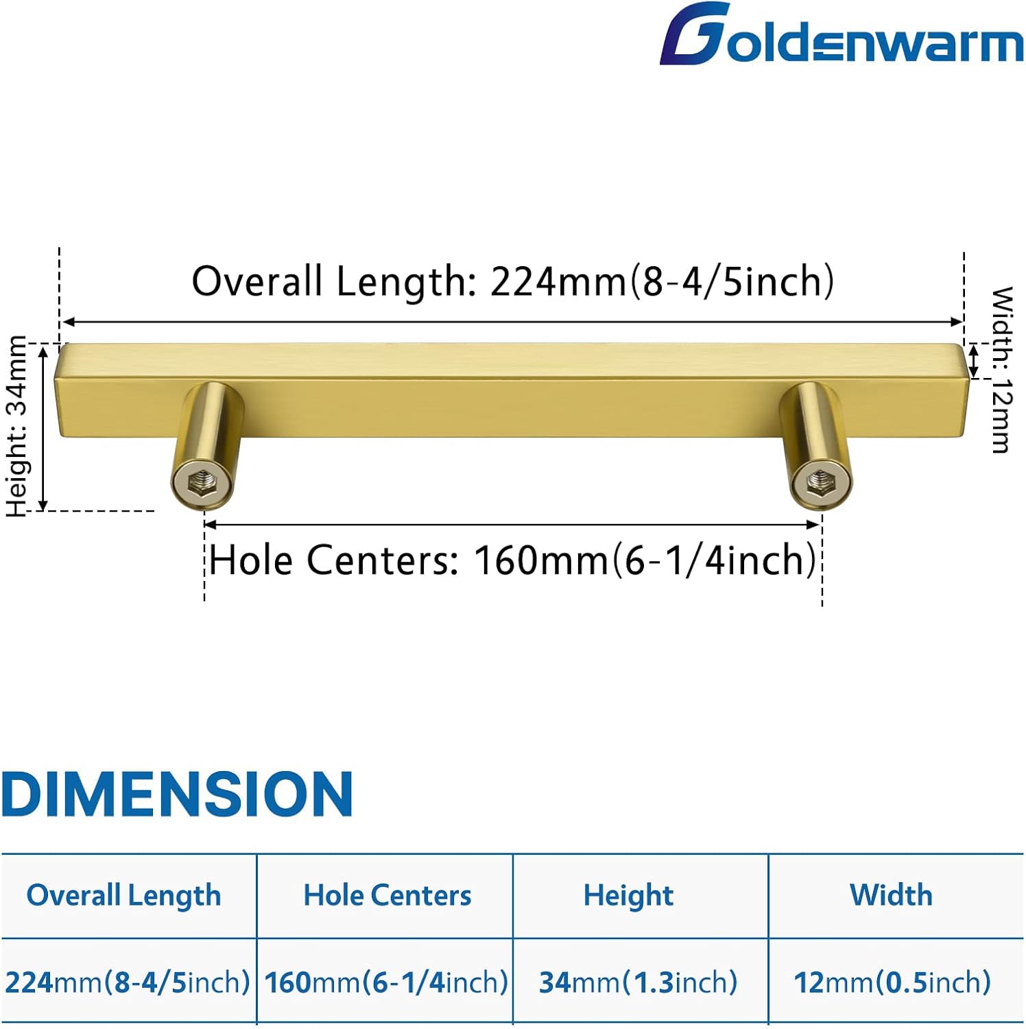 Goldenwarm 6 Pack Brushed Brass Cabinet Pulls 6-1/4 Inch Gold Drawer Handles Square Drawer Pulls Brushed Brass Handles Kitchen Hardware for Cabinets Gold Hardware 160mm Hole Centers