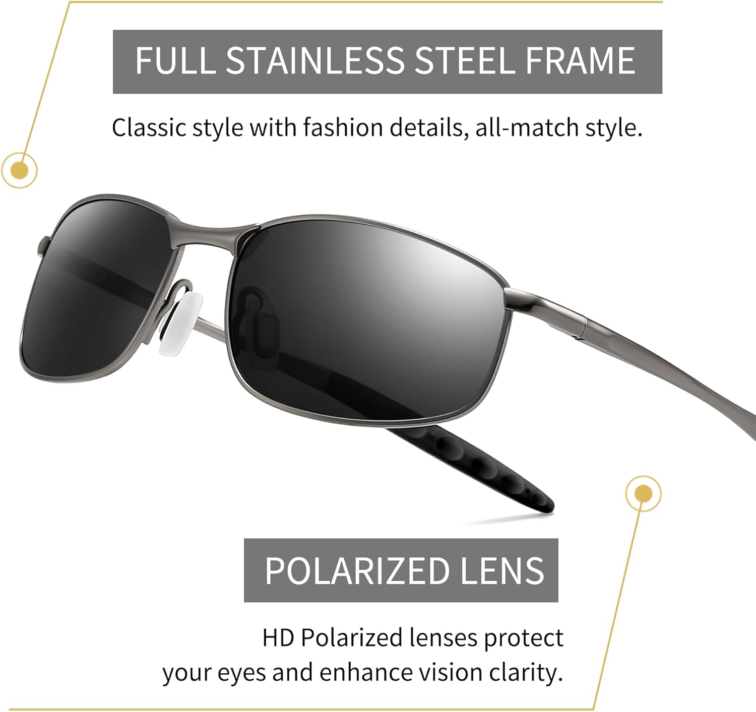 SUNGAIT Mens Narrow Polarized Sunglasses Metal Frame Small Rectangle Retro Durable UV400 Protection