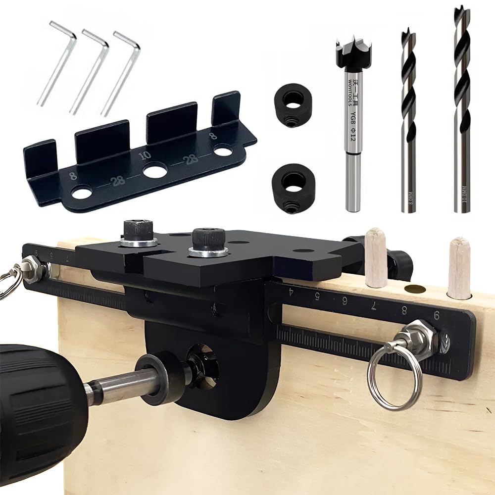 NEW 3-in-1 die Bohrschablone Möbelbau,Dübellöcher 8/10/15mm Holzdübel Bohrschablone Einstellbare Bohrführung Stanzer-Locator Tischlerwerkzeuge, mit Positionierter Querbalken für genaueres Stanzen.