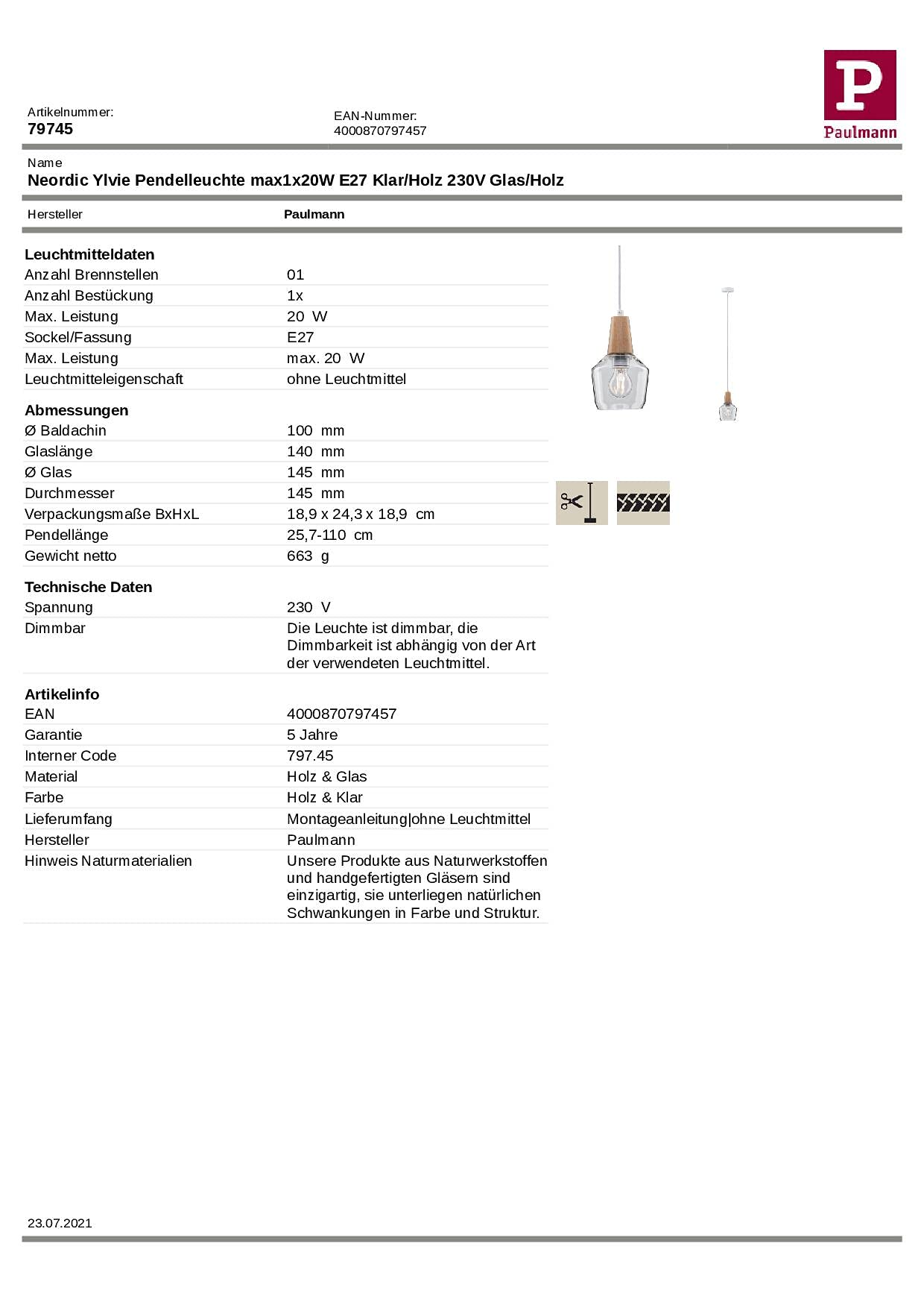 Paulmann 79745 Lámpara colgante Neordic Ylvie máx. 1x20 W, luminaria colgante para lámparas E27, lámpara de techo, claro/madera 230 V cristal/madera, sin fuente de luz