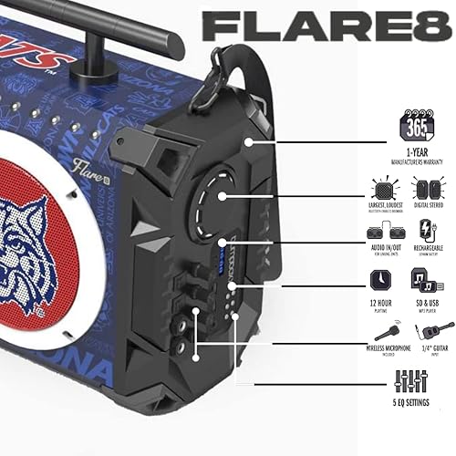 Miniatura 2 de Bumpboxx Altavoz portátil Bluetooth Boombox Flare8 NCAA Arizona  Boombox retro con altavoz Bluetooth  Batería de litio recargable  Incluye micrófono