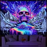 Lahasbja Blacklight Skull Tapestry UV Reactive Galaxy Mountain Planet Tapestries Magic Neon River Wall Hanging Aesthetic Skeleton Wall Decor Forest Trees Landscape Backdrop for Living Room