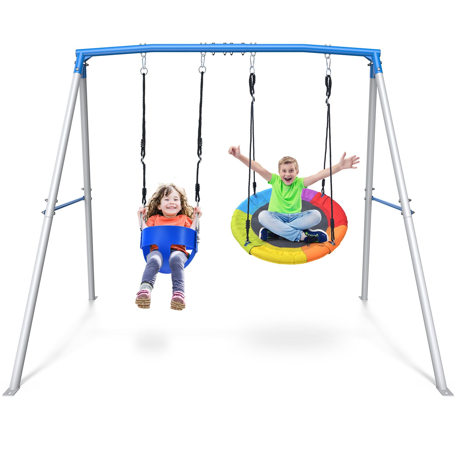 Trekassy Swing Sets for Backyard, 440lbs Heavy Duty A-Frame Metal Swing Stand with 1 Saucer Swing and 1 Toddler Swing Outdoor Kids Play Equipment for Playground Playset (Patented)
