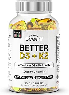 Organics Ocean Better D3 + K2-100% Organic VIT D3 y K2 Suplementos con máxima biodisponibilidad – Apoya la densidad ósea, equilibrio de calcio, inmunidad y estado de ánimo – 1 paquete, suministro para