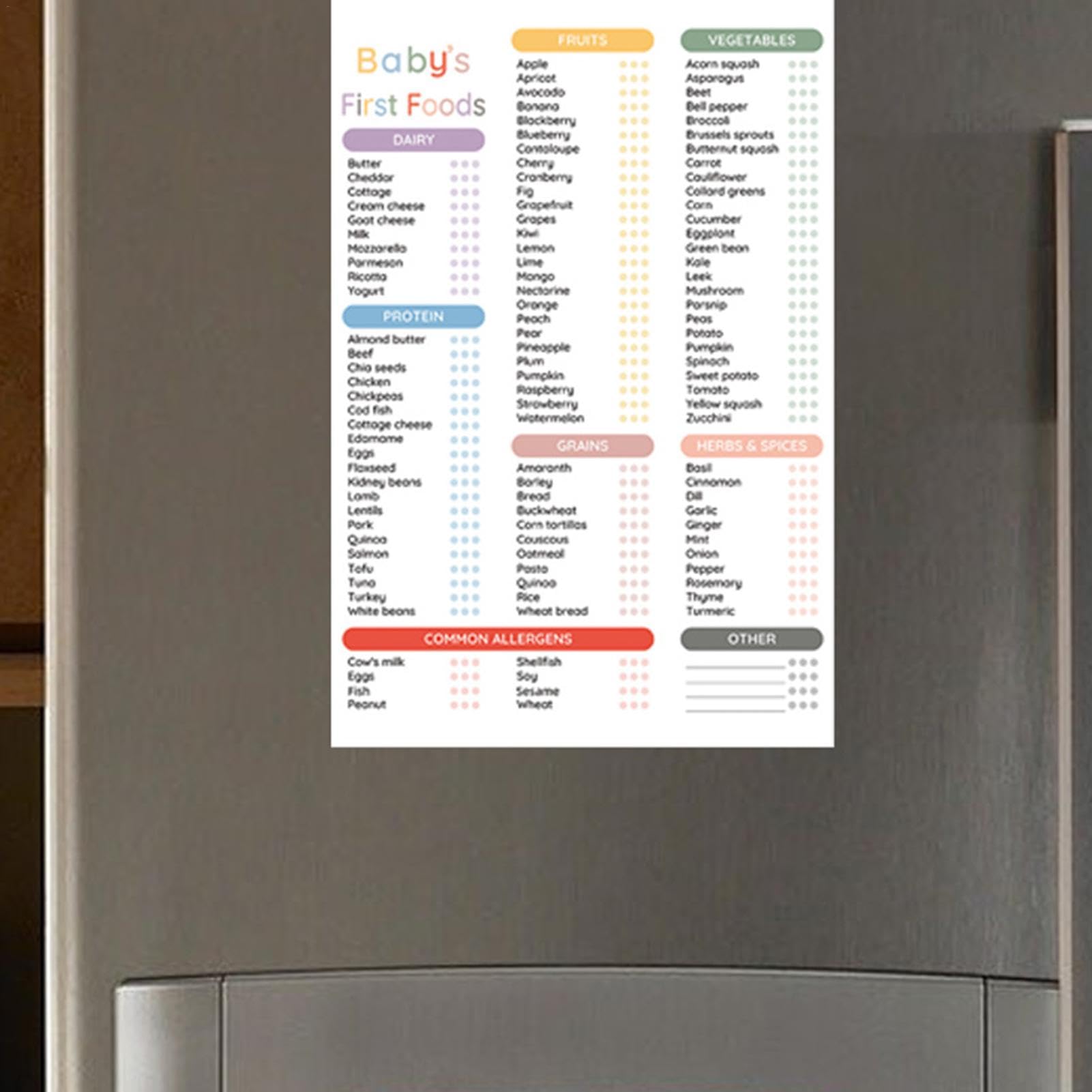 Pizarra magnética borrable de alimentos para bebés – 101 alimentos antes de 1 lista de comprobación