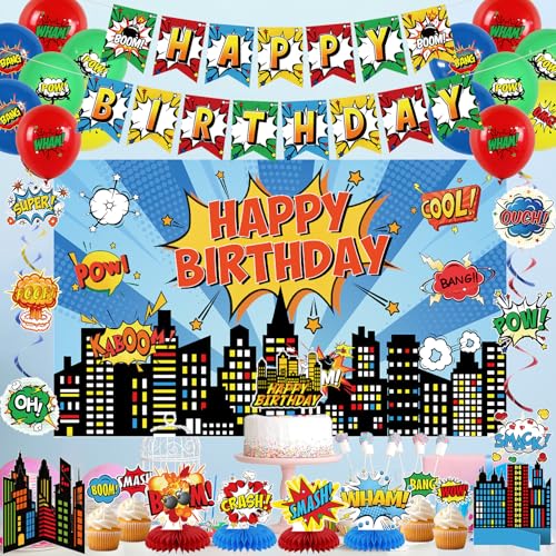 Image of Crenics Hero Birthday Decorations - City Hero Theme Backdrop, Banner, Swirls, Honeycomb and Balloons for Birthday Party Supplies