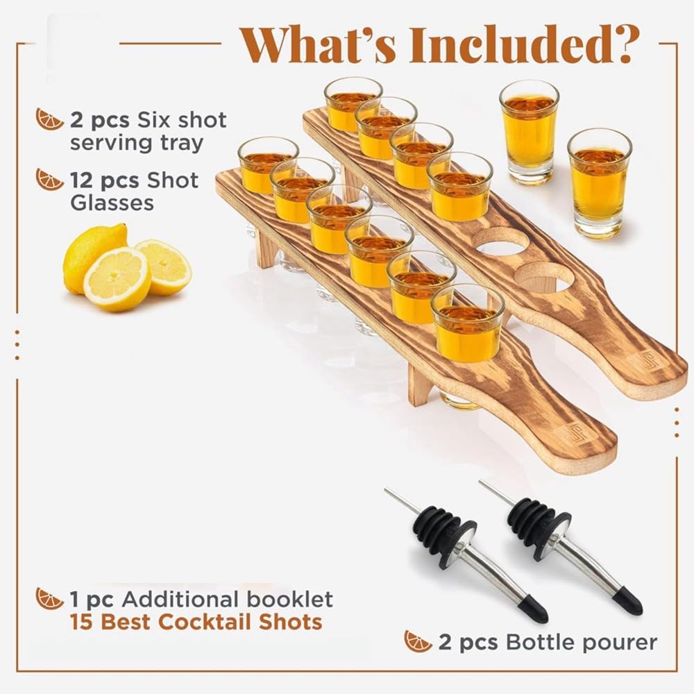 Ensemble de 12 Verres à Shot Transparents avec Plateau en Bois et Verseurs, Idéal pour la Tequila