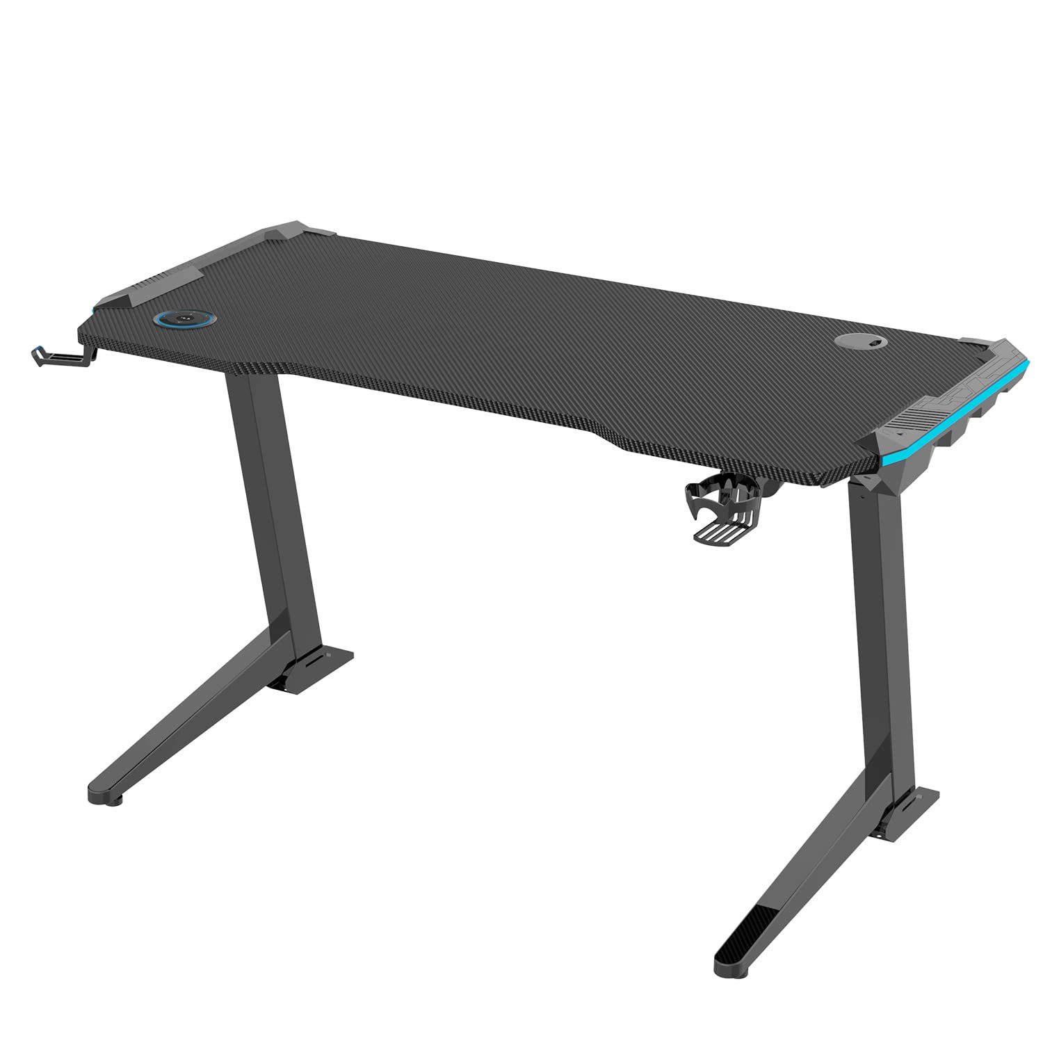 Allcam ED119G Electric Gaming Desk – 130cm Height Adjustable Sit-Stand Desk with 4 Memory Presets, RGB Mood Lighting, Reinforced Angled Frame, Carbon Fibre Top, Cup Holder & Headphone Hook, Black