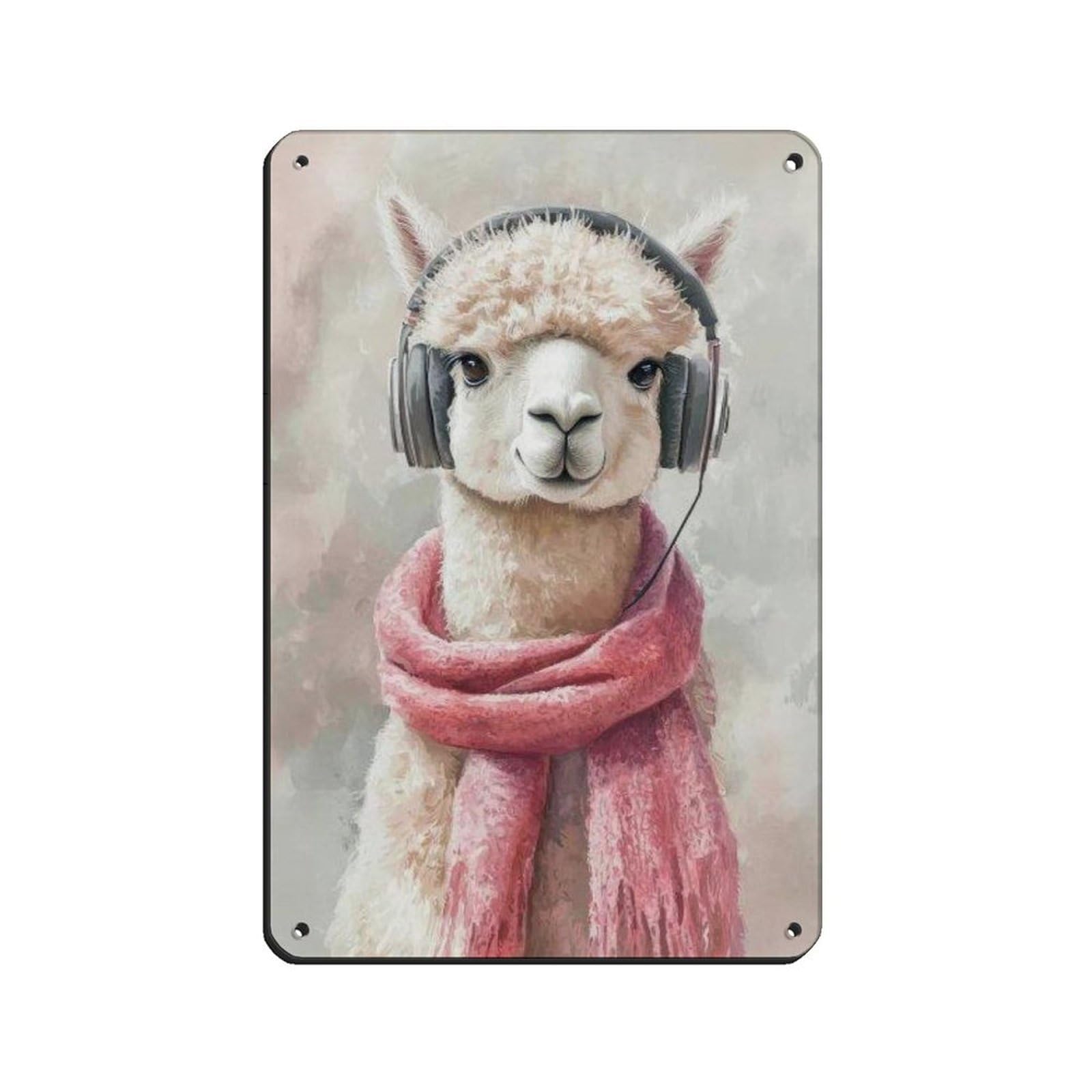 Cute Llama, Alpaca with Headphones Retro Poster Metal Tin Sign Chic Art Retro Iron Painting Bar People Cave Cafe Family Garage Poster Wall Decoration 8x12inch(20x30cm)
