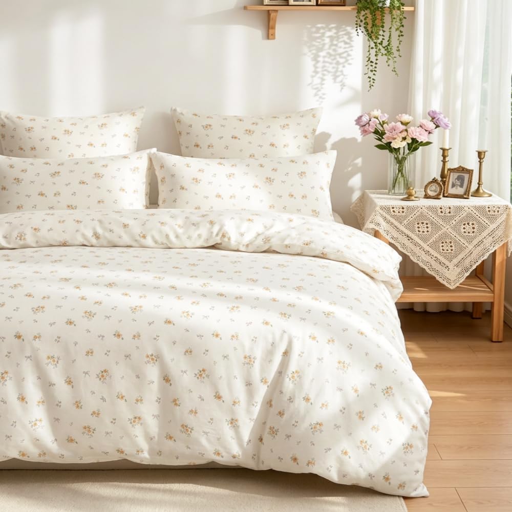 Covebett King Cotton Duvet Cover Sets Beige Orange Floral Flowers Botanical Bedding Set 3 Piece Girls Women Flower Bows Aesthetic Quilt Cover 220x230 with Zipper Closure and 2 Pillowcase 50x75 cm โ image 1