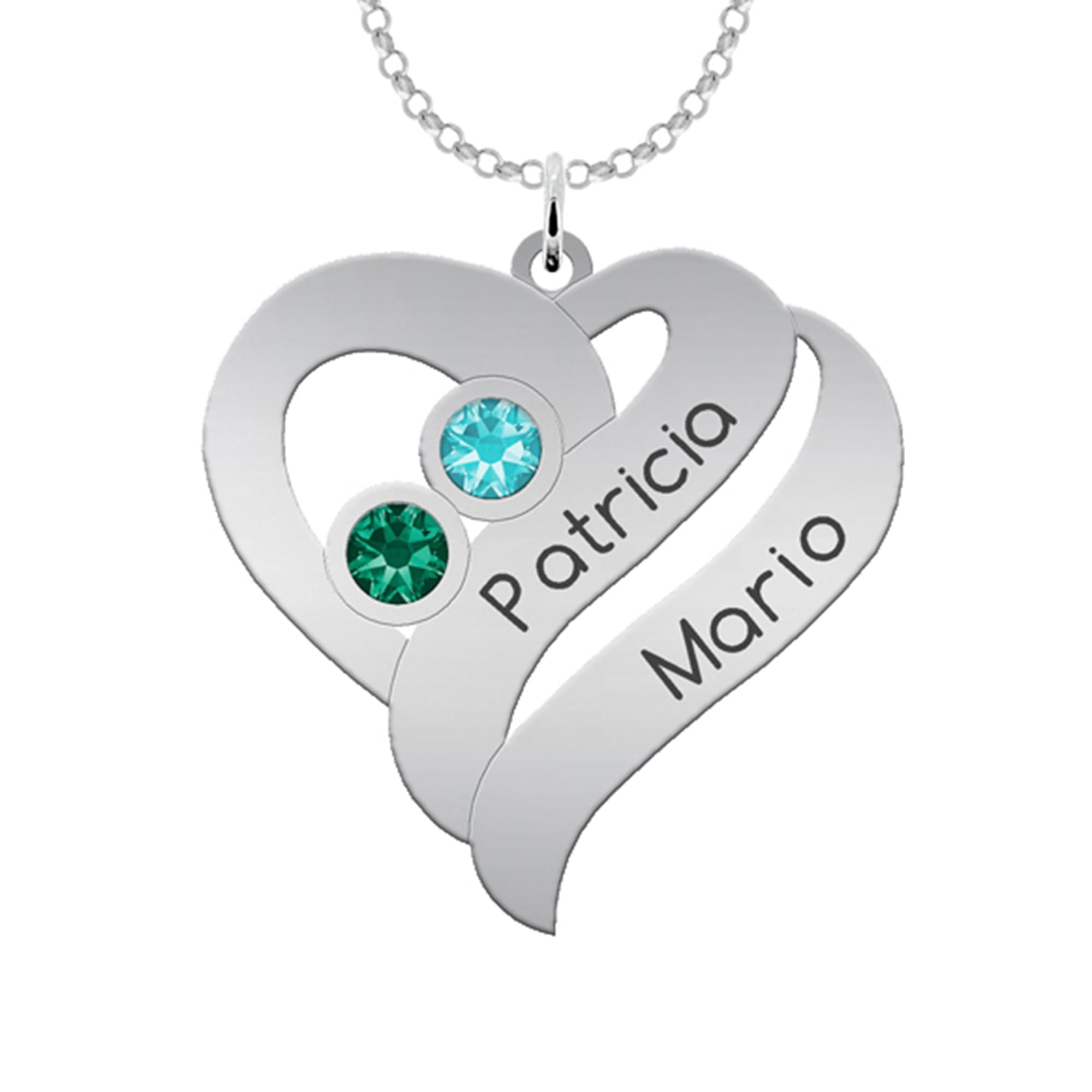 Collar Corazón Personalizado con Nombres y Piedras de Nacimiento - Colgante Mujer Plata - Regalo Perfecto en San Valentín para Parejas y Enamorados