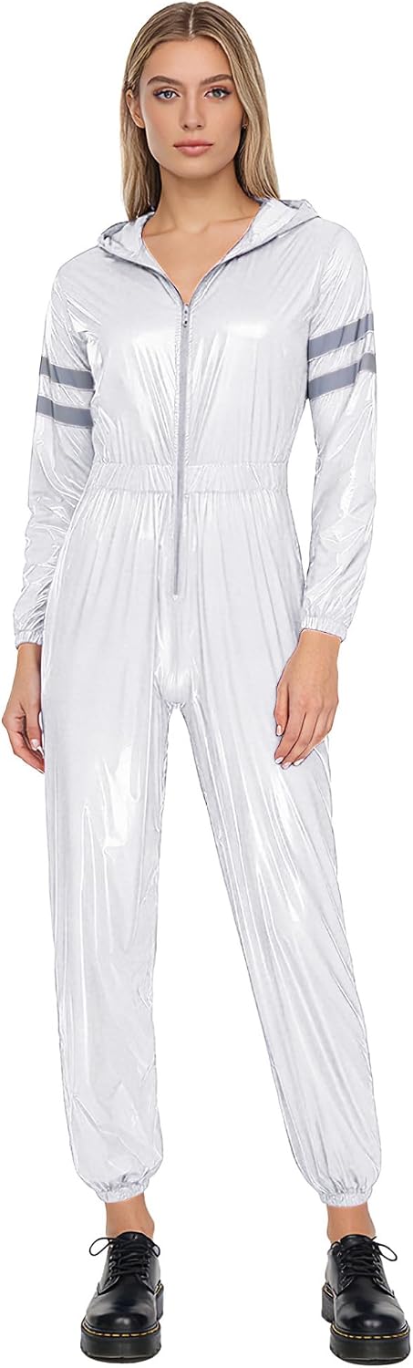 Mufeng Womens Water Resistant Coveralls Reflective Strips Hooded Front Zipper Jumpsuit Workwear