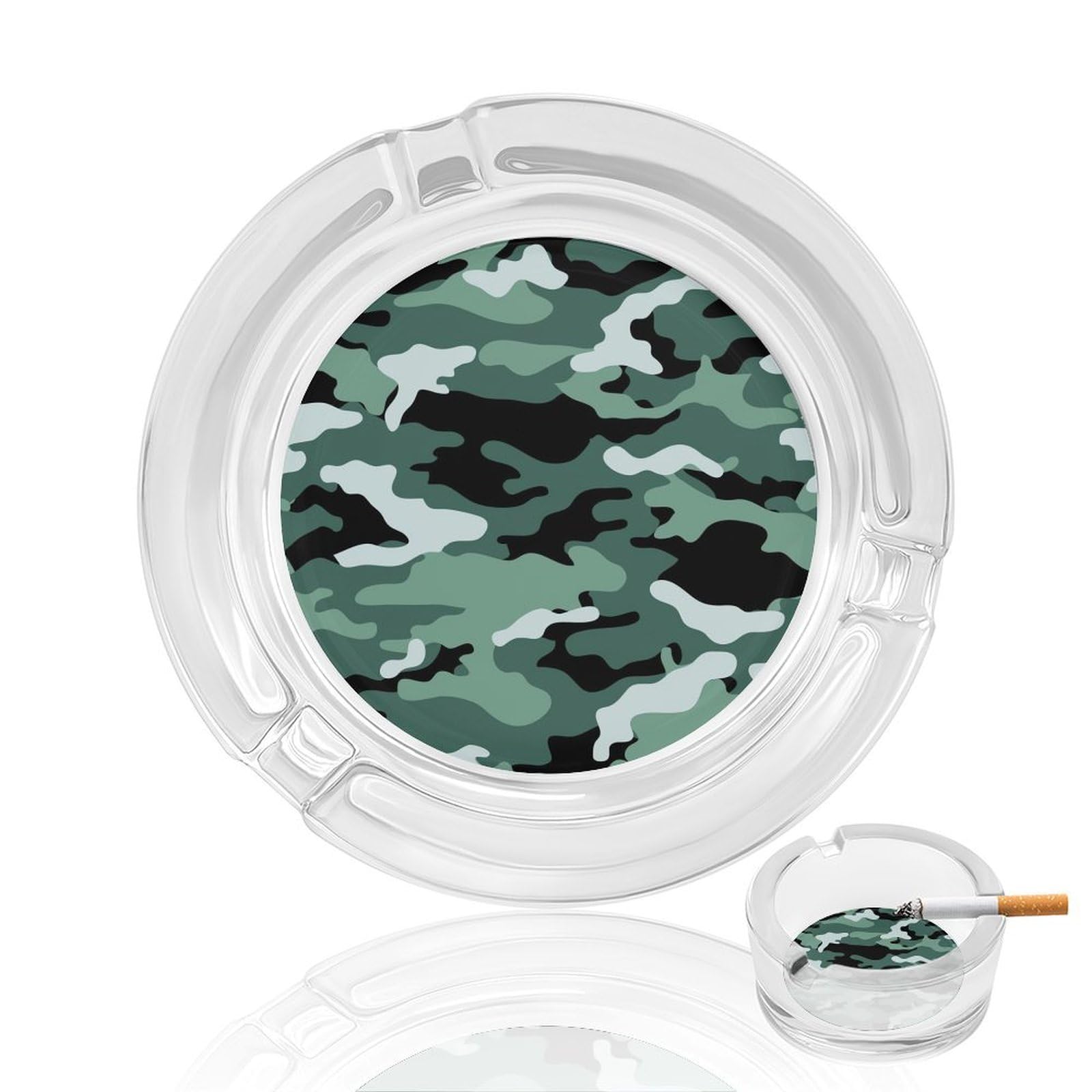 Camouflage Pattern33 Glass Ashtray 3.3 Inch Round Cigarette Ash Holder with 4 Grooves for Home Office Outdoor One Size