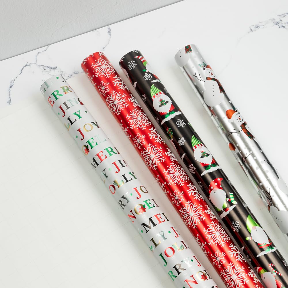 JAM Paper Geschenkpapier, Weihnachtsgeschenkpapier, 30 m² insgesamt, verschneite Feiertage, holografisches Set, 4 Rollen/Packung