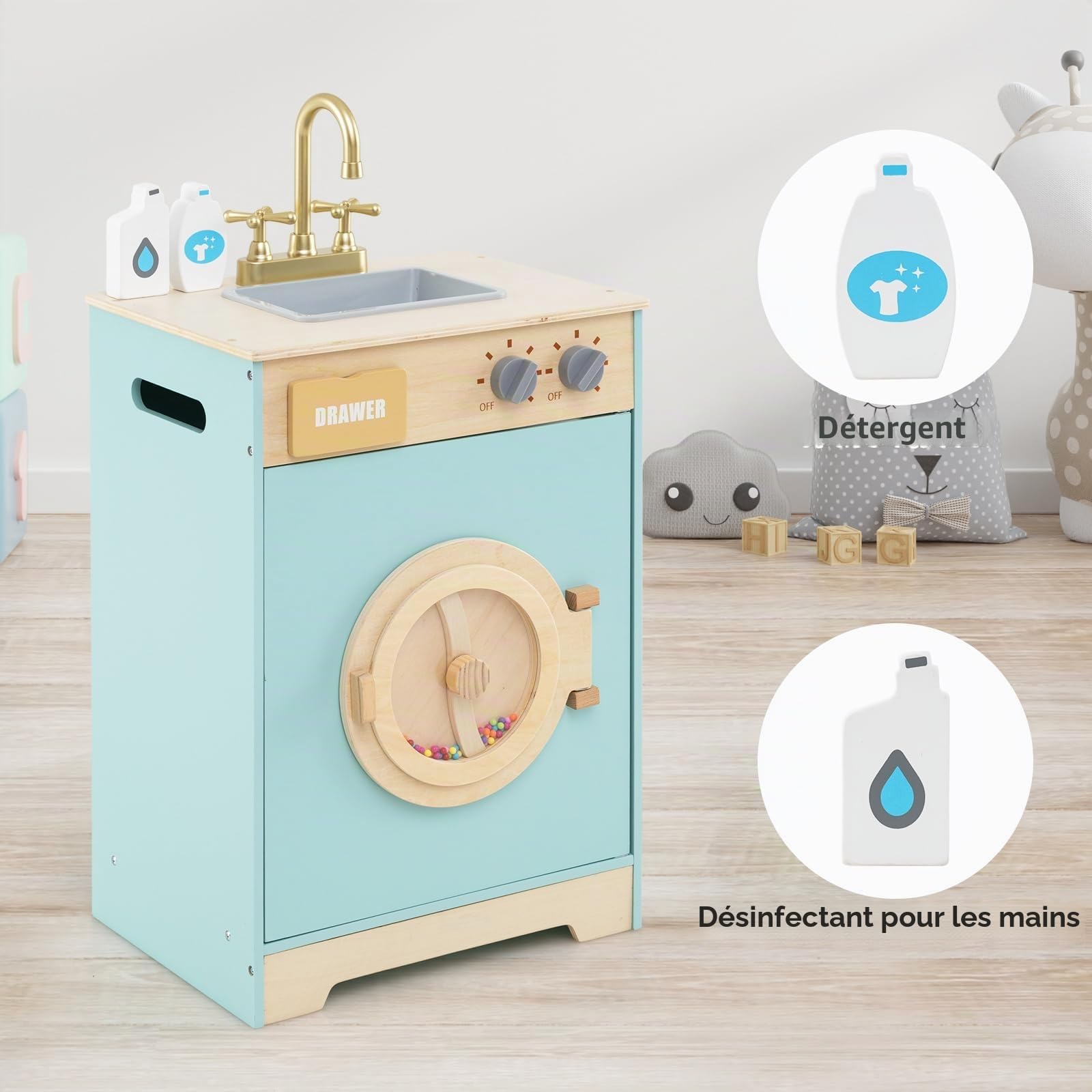 FANTASK Kit de Machine à Laver pour Enfants en Bois avec détergent et désinfectant pour Les Mains, kit de Linge avec évier, tiroir et molette pour Enfants à partir de 3 Ans