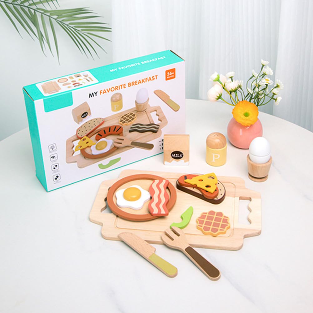 Set de comida de desayuno de madera, juguete de cocina para juegos de rol | Set de Comida de Madera, Juguete de Simulación de Comida Occidental, Juguete de Cocina