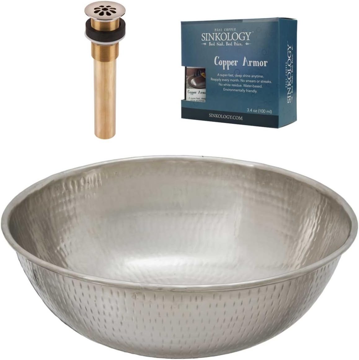 Sinkology SB301-14N-AMZ-TG Bohr Vessel Copper Sink Kit With Nickel Grid Drain And Copper Armor Kit Copper Bathroom Sink, 14 X 14 X 5", Nickel