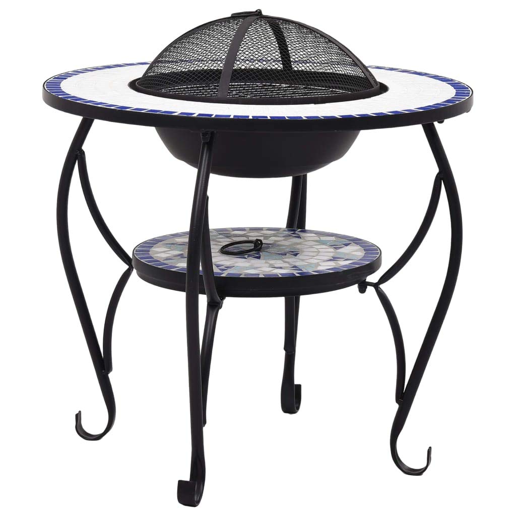 Mesa de fuego de 68 x 68 x 60 cm, mosaico de cerámica, color azul y blanco, con protección contra chispas, atizador, jardín, terraza, barbacoa