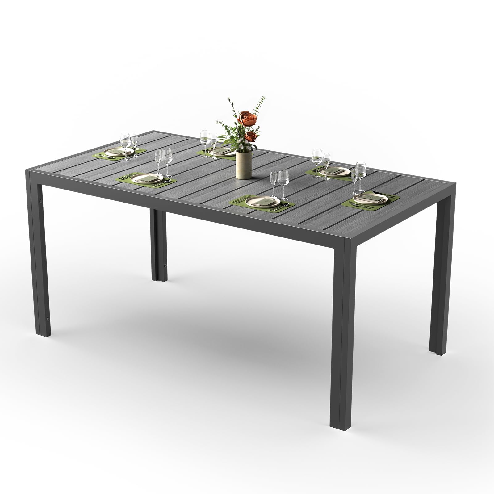 JUMMICO HDPS Wood Grain Garden Dining Table, Heavy Duty Weatherproof Aluminium Outdoor Table, Easy Maintenance, Seats 4-6 People, for Patio, Garden - Grey 150x80x72cm