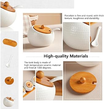 2 Pcs Porcelain Condiment Jar Set, Spice Container with Bamboo Cap and Ceramic Serving Spoon, Wooden Tray, Used to Store Sugar, Spices, Coffee, Tea, 170 ML(5.8 OZ)