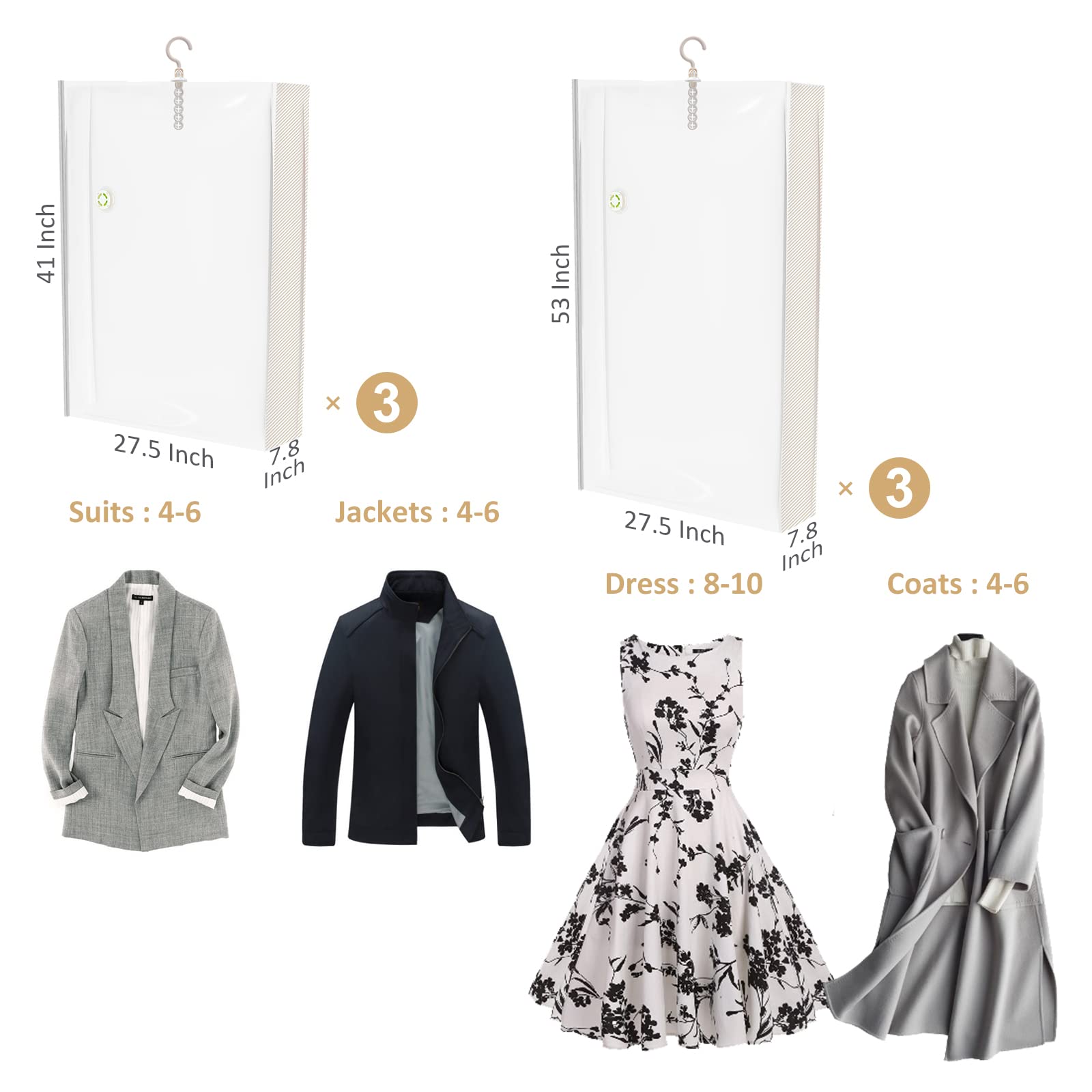 TAILI Vakuumbeutel für Kleidung Hängend, Vacuum Bags for Clothing Vakuumierbeutel Kleidung Mit Kleiderhaken Aufbewahren von Jacken, Anzüge und Kleid Vakuum Platzsparer für Zuhause Reise, 6 Combo