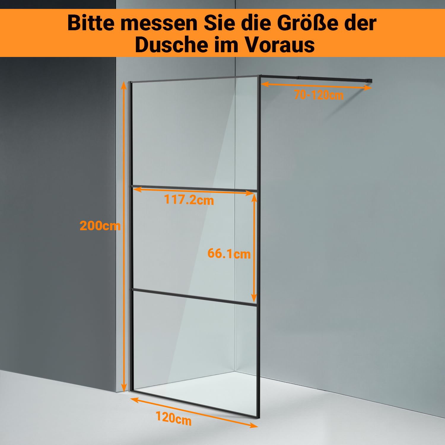 Cabine de douche Walk-in 120 x 200 cm Noir, Paroi de douche en verre avec verre de sécurité ESG de 5 mm, design à cadre tripartite, cadre en aluminium, séparation de douche pour douche à