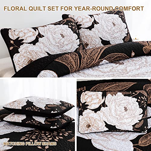 Djy Floral Quilt Set Queen Size White Boho Flower Leaves Printed On Black Bedspread Coverlet Set, 3 Pieces Soft Lightweight Bed Cover With Pillow Shams For All Season, Black Gold 96''X90'' #TOP3