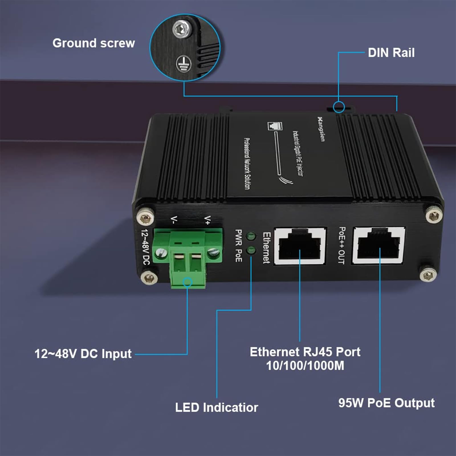Industrial Gigabit PoE++ Injector,IEEE 802.3at/802.3af Compliant, 95W PoE Adapter with 12-48V DC Input,Hardened High Power PoE Injector IP40, DIN Rail, Wall Mount