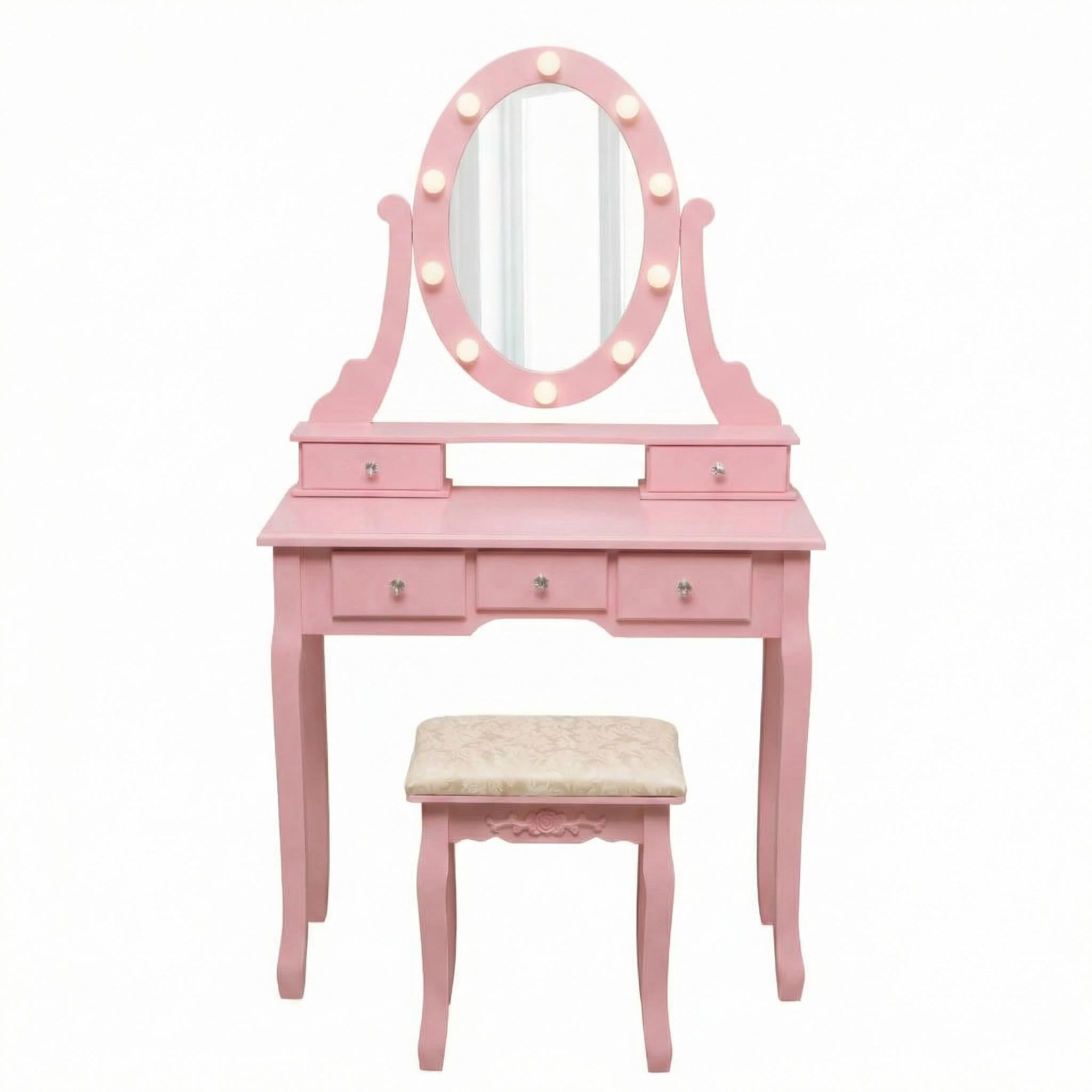 GarveeHome Modern Pink Vanity Table Set with Oval Lighted Mirror – 5 Spacious Drawers – Adjustable 3 Lighting Modes – Makeup Dressing Desk with Cushioned Stool