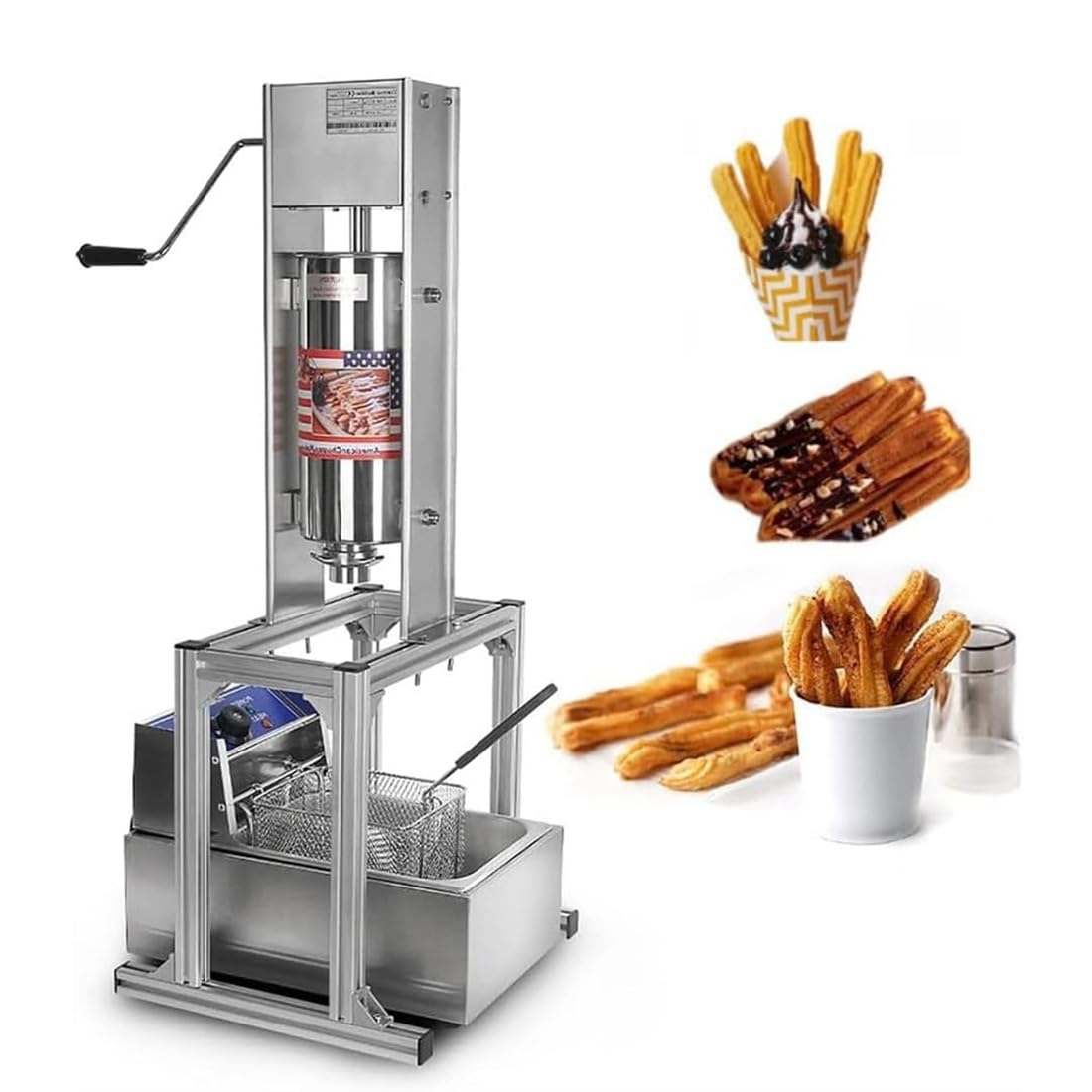 IUokLU Spanish Donut Churrera Churro Maker Machine w/5 Molds,5L Stainless Steel Vertical Spanish Donut Churros Machine,w/6L Electric Deep Fryer&Stand