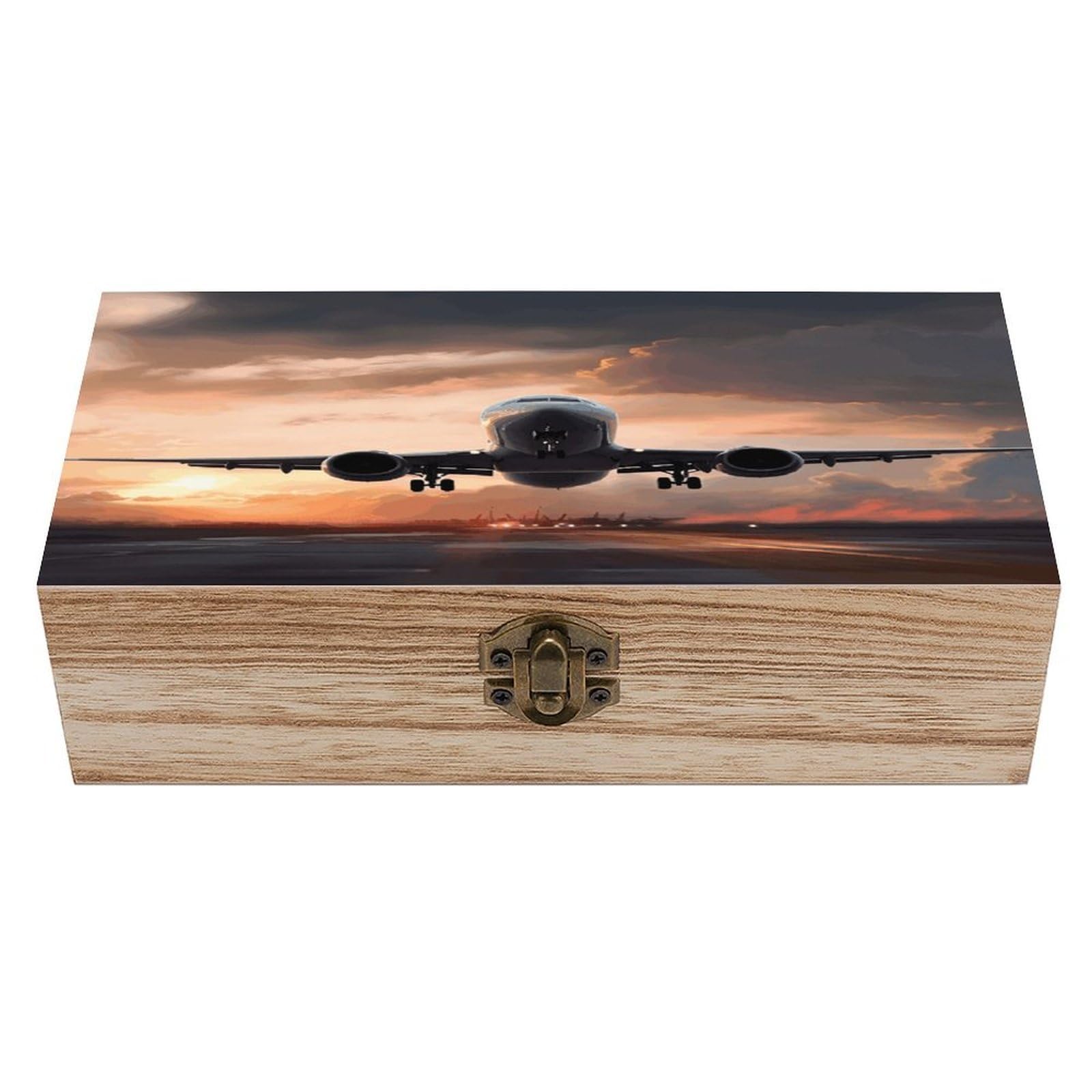 VstaDank Airplane Art Wooden Storage Box Wooden Keepsake Box with A Hinged Lid Fashion Memory Treasure Boxes Decorative Jewelry Case for Crafts Photo Home Decor Wood Gift Box