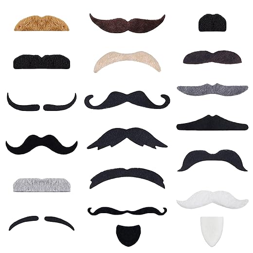 KICNIC 60 Pcs Fake Mustaches Self Adhesive (20 Designs) Novelty Hairy Beard Costume Facial Hair for Party Supplies Decorations, Suitable for All Ages Multicolored