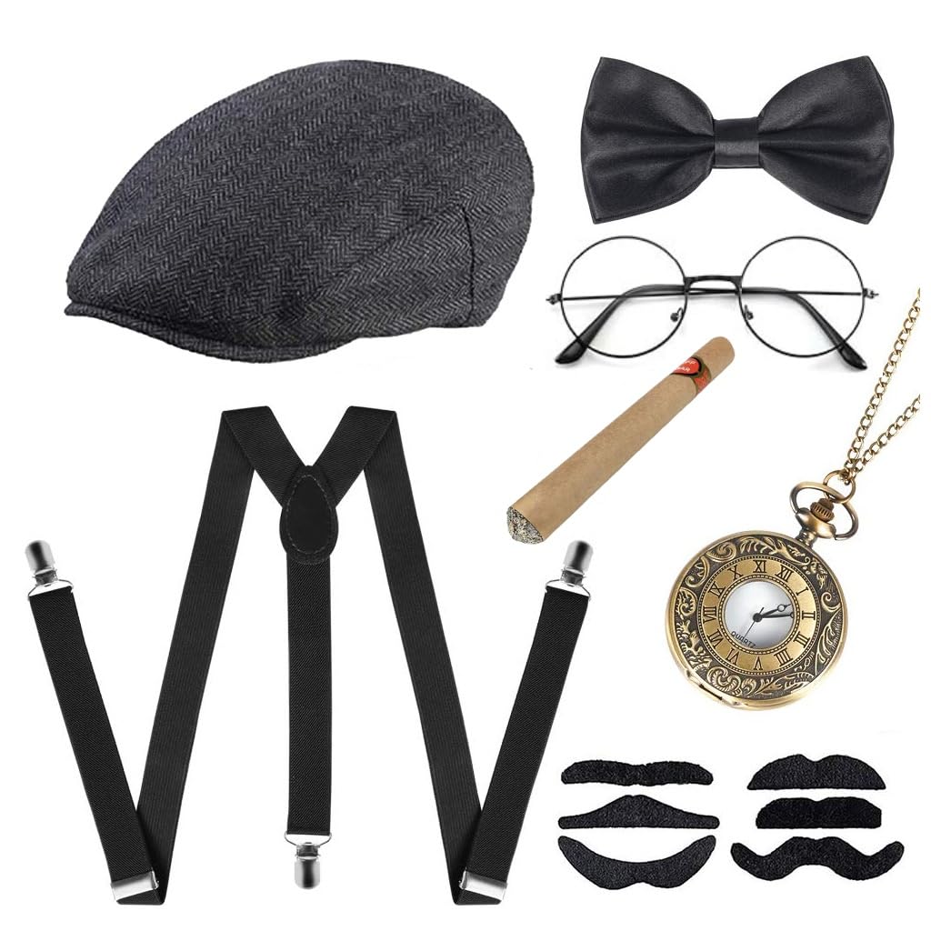 Kostium męski w stylu lat 20. XX wieku, kostium mafii, kostium Peaky Blinders, kostium na imprezę, męski z gangsterem, kapelusz panamski, zegarek kieszonkowy, szelki, muszka, broda, okulary, na