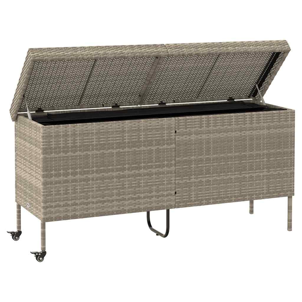 Caja de almacenamiento de resina trenzada gris claro con ruedas y frenos, caja de almacenamiento para cojines exteriores, marco de acero recubierto de polvo, tapa de resorte de gas, bolsa