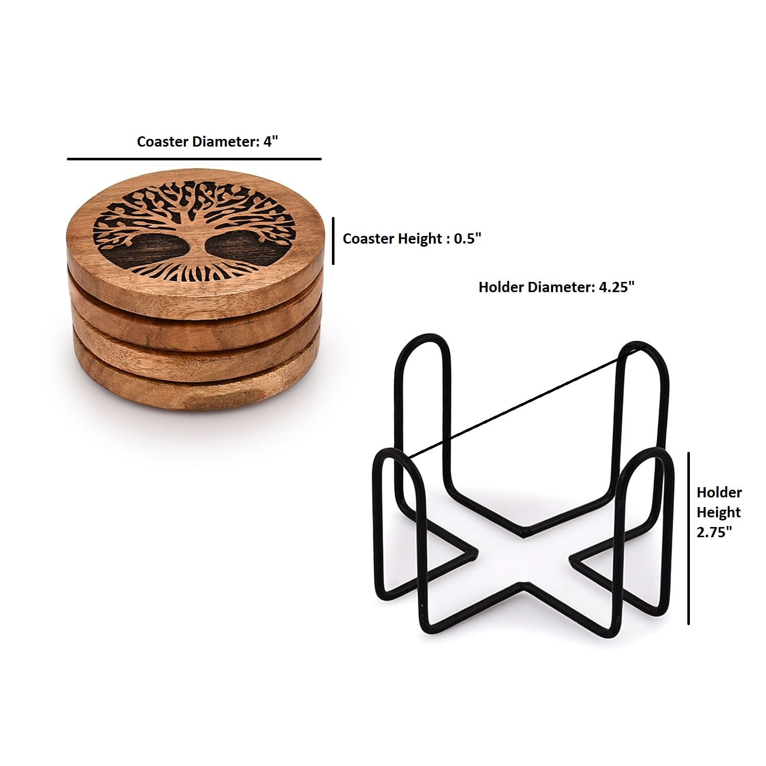 Juego de 4 posavasos redondos de madera hechos a mano para bebidas con soporte de hierro para cualquier tipo de mesa para bar, cocina, hogar, apartamento (4 x 4 x 0.5 pulgadas) 5