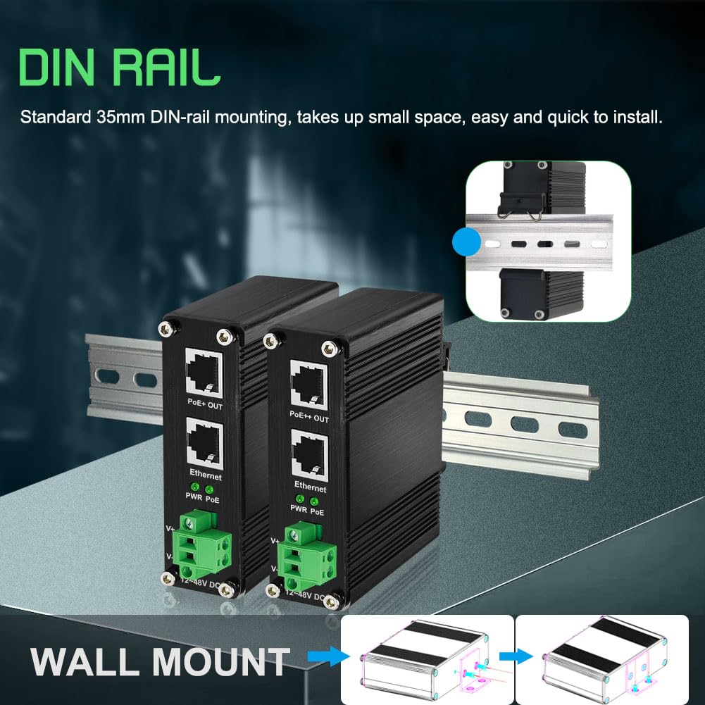 Injecteur PoE industriel 30 W, injecteur Gigabit PoE+ renforcé IEEE802.3at 30 W 48 V Adaptateur PoE Alimentation par Ethernet avec entrée 12-48 V DC Montage sur rail DIN