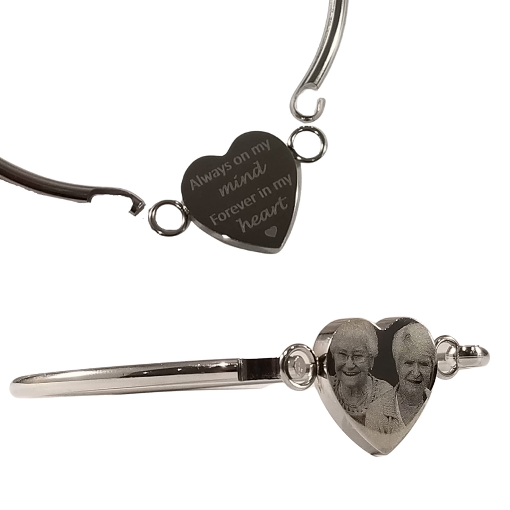 Memorial Gift - Personalised Engraved Photo Heart Bangle - Gifts for Her, In Loving Memory, Funeral, Angel Baby - Double sided engraving, free gift bag and UK P&P