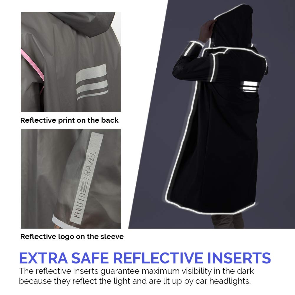 PERLETTI Chubasquero Hombre Mujer Ligero y Reutilizable - Impermeable Hombre Mujer Resistente al Agua - Ropa de Agua Impermeable Detalles Reflectantes Capucha Botones (L, Negro con Borde Reflectante)