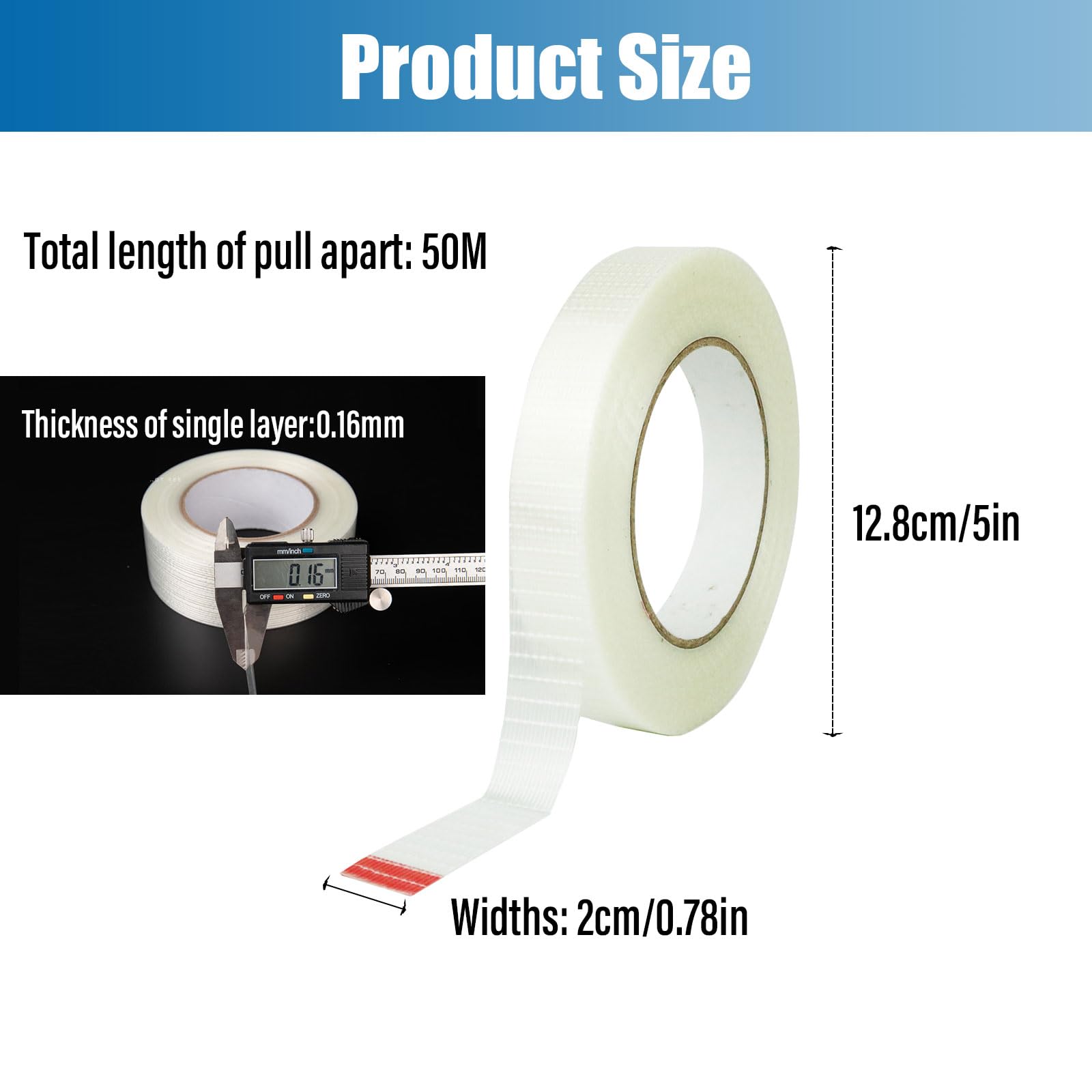 BNPHSIN 1 Roll Cricket Bat Tape, Extra Strong Cross weave Reinforced Tape, Transparent Bi-Directional Filament Strapping Tape, Duct bundling tape (20mm Width,50m Length) - Image 2