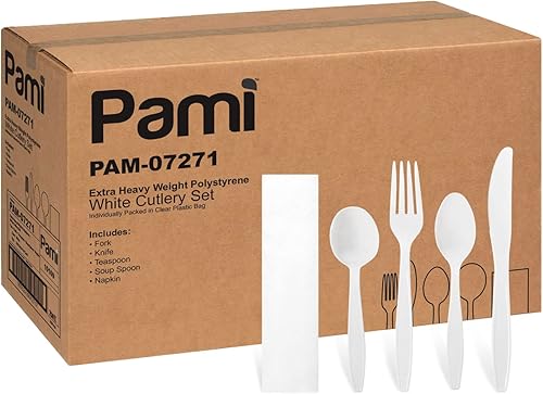 PAMI Cubiertos de plástico desechables extra pesados 250 juegos Cubiertos de plástico empaquetados individualmente con tenedor cuchillo cuchara