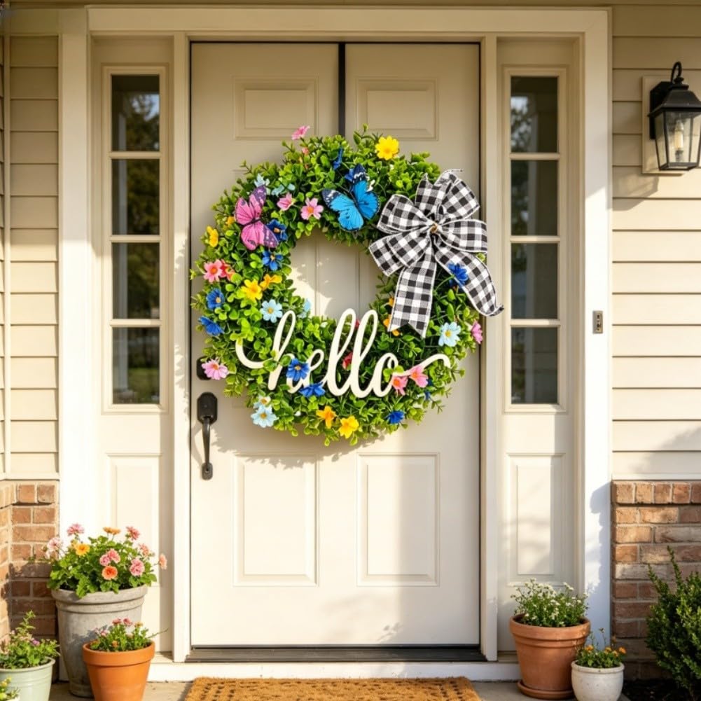 Ghirlanda di eucalipto con cartello di benvenuto, 46 cm, verde, artificiale, decorazione per porta d'ingresso, per casa, giardino, cortile, esterno, interno, da appendere alla parete