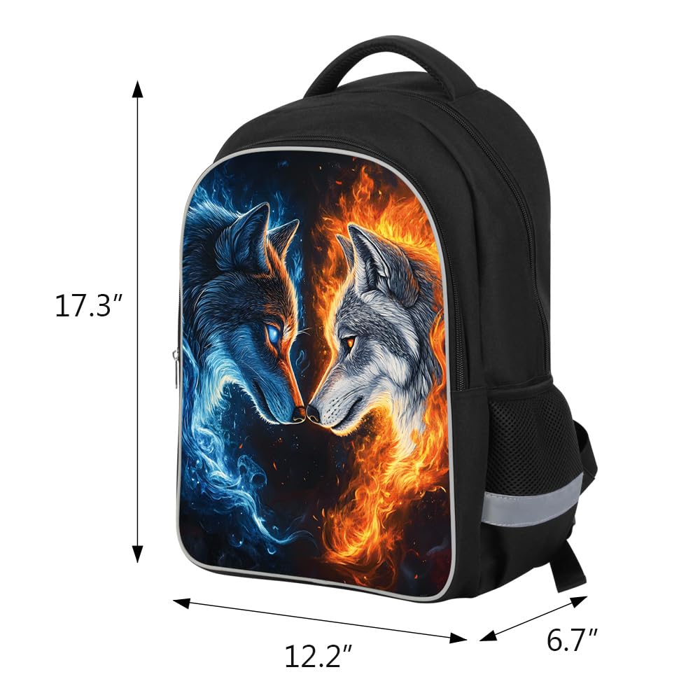 Kids Backpack Lightweight Durable Medium Teens Kids Backpack for School Boys and Girls Bookbag with Adjustable Shoulder Straps & Padded Back 17 Inch School bags with 3D Reflective Wolf Cartoon