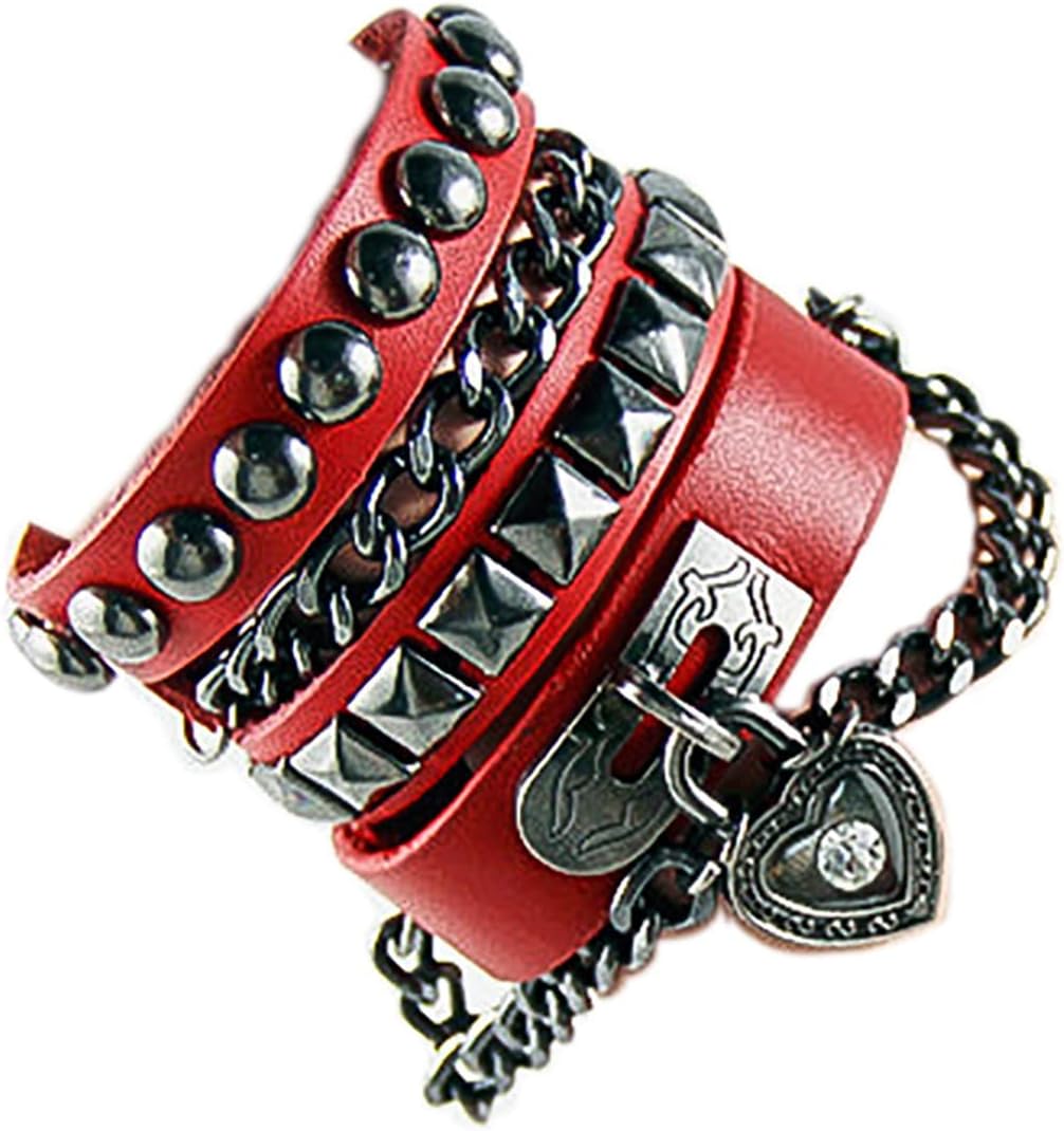 2Pcs Punk Layered Spike Rivet PU Leather Bangle Bracelet Set Gothic Adjustable Heart-shaped Studded Wristband Cuff for Men Women Teen Girl Handmade Halloween Cosplay Jewelry-A black