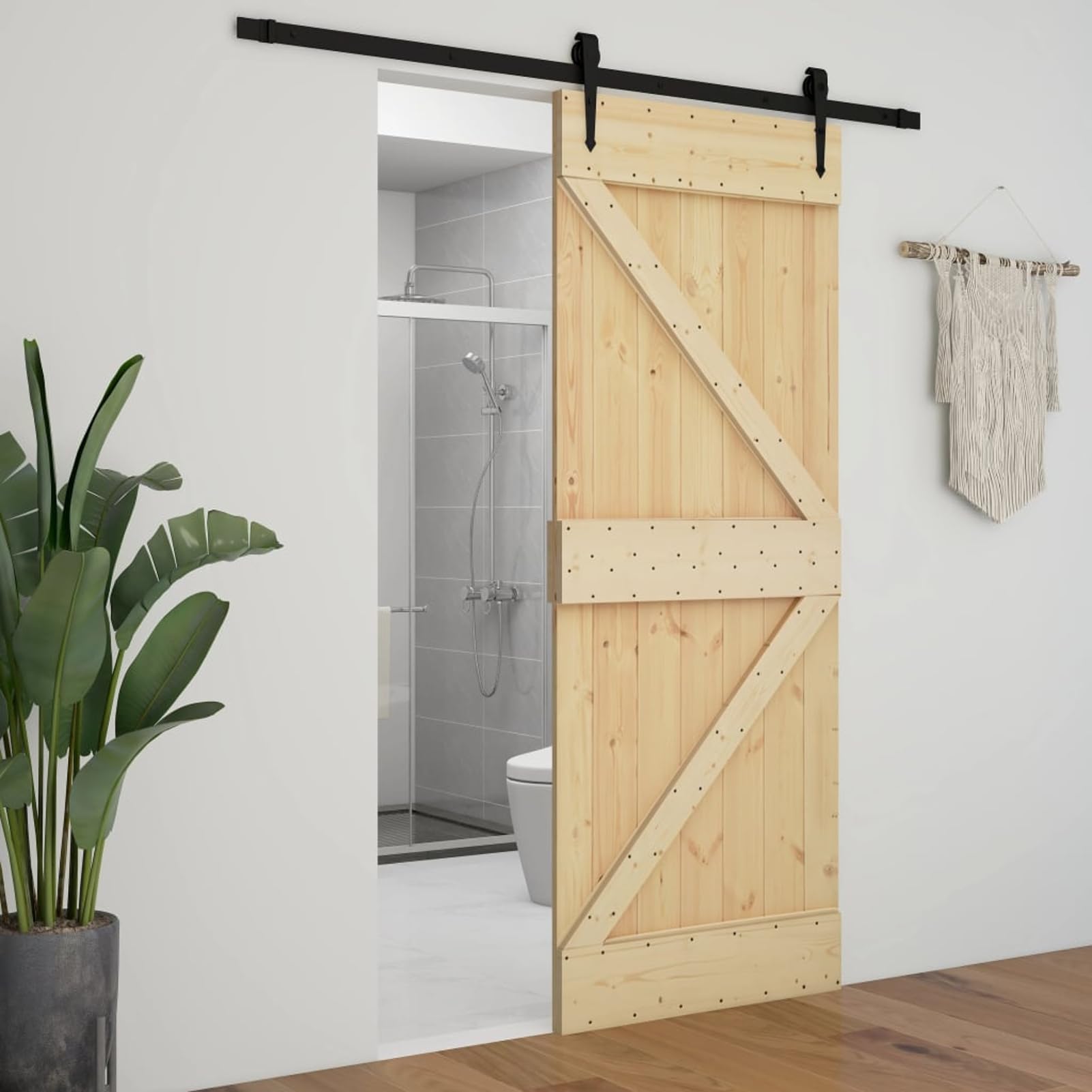 Homgoday Porta Scorrevole in Legno, Ingresso Casa, Bagno, Soggiorno, Porta Stalla, 90 x 210 cm, Legno Massello di Pino