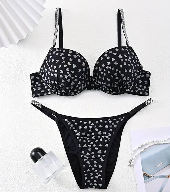 Image of Fashiol Women's Padded Wired Lingerie Set with Adjustable Glitter Straps & Heart Print Bra and Panty Set