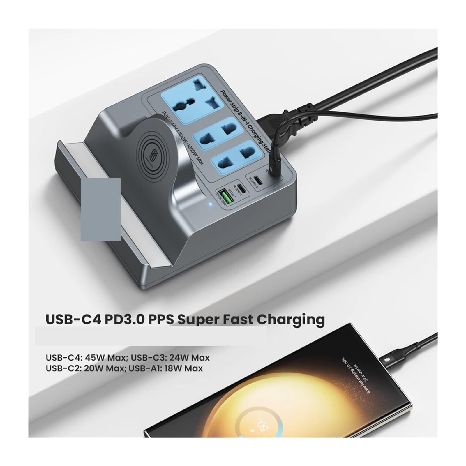Szybka ładowarka biurkowa 8 w 1 z wieloma portami USB typu C PD Bezprzewodowa ładowarka Stojak 3 Przedłużacz gniazdka elektrycznego